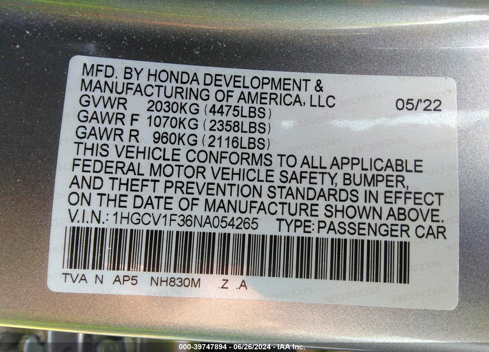 2022 HONDA ACCORD SPORT VIN: 1HGCV1F36NA054265