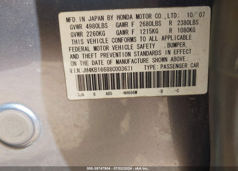2008 ACURA RL 3.5 VIN: JH4KB16688C003631