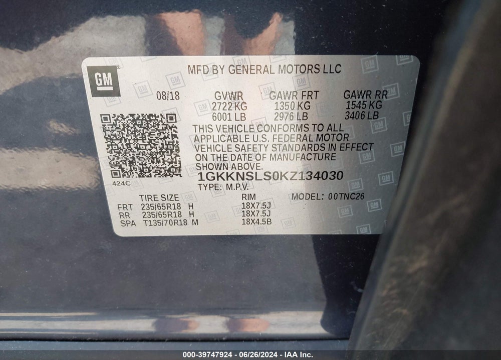 2019 GMC ACADIA SLE-2 VIN: 1GKKNSLS0KZ134030