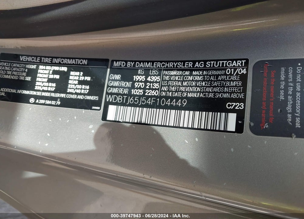 2004 MERCEDES-BENZ CLK 320 VIN: WDBTJ65J54F104449