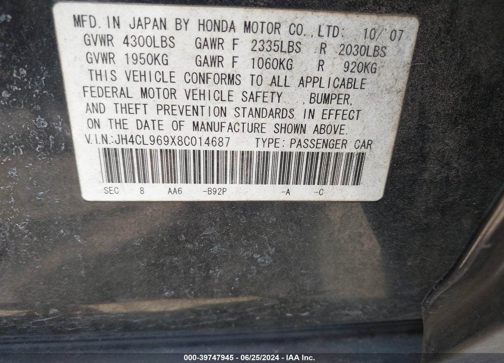 2008 ACURA TSX VIN: JH4CL969X8C014687