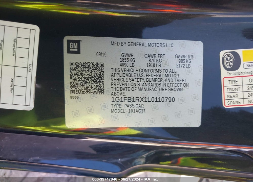 2020 CHEVROLET CAMARO RWD 1LT VIN: 1G1FB1RX1L0110790