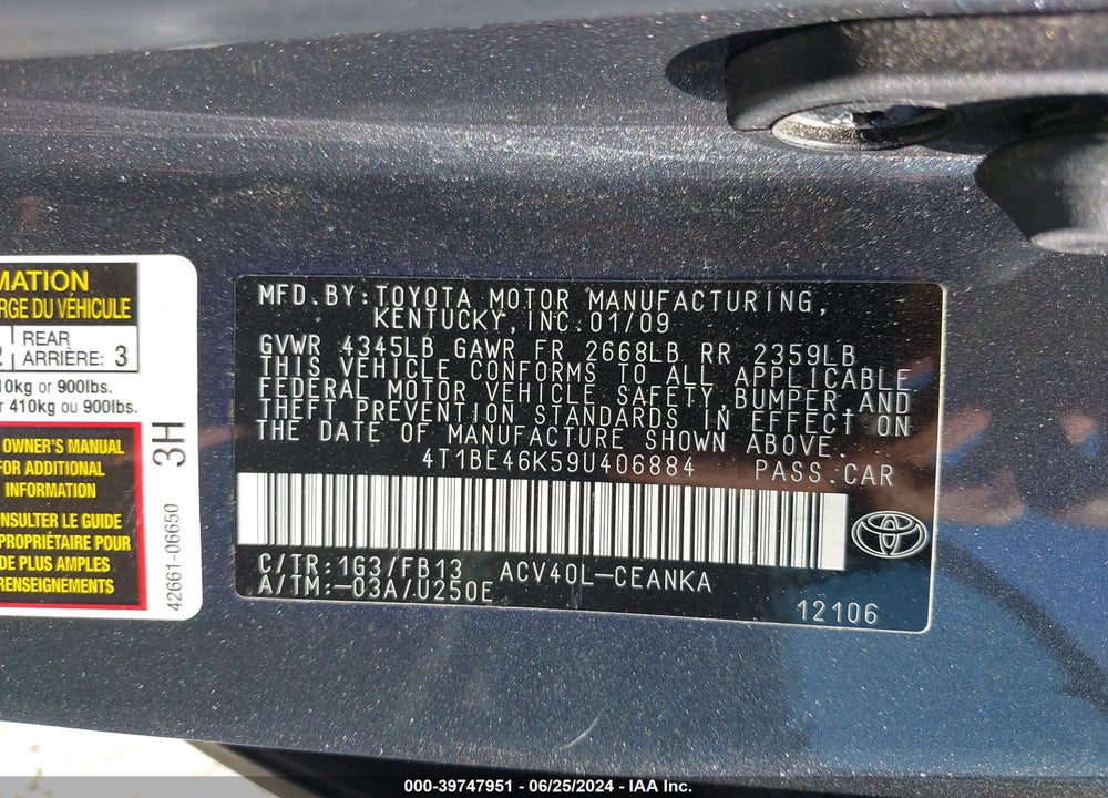 2009 TOYOTA CAMRY LE VIN: 4T1BE46K59U406884