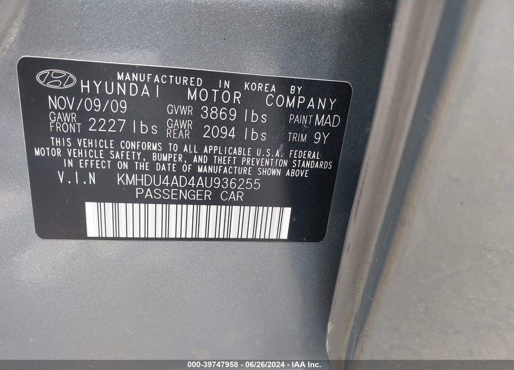 2010 HYUNDAI ELANTRA GLS VIN: KMHDU4AD4AU936255