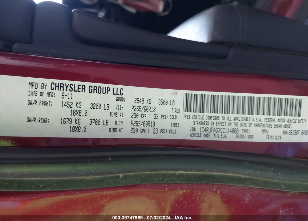 2012 JEEP GRAND CHEROKEE LAREDO VIN: 1C4RJFAG7CC114888