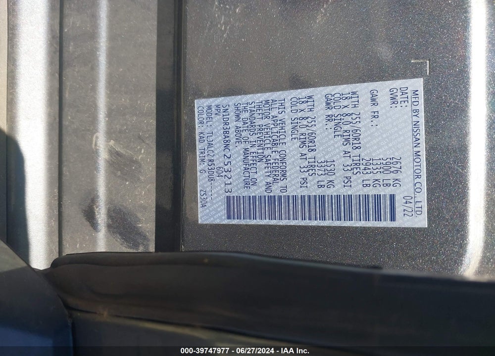 2022 NISSAN PATHFINDER SV 2WD VIN: 5N1DR3BA8NC253213