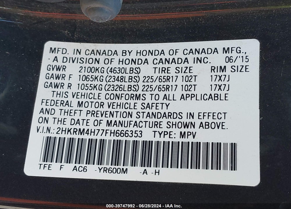 2015 HONDA CR-V EX-L VIN: 2HKRM4H77FH666353