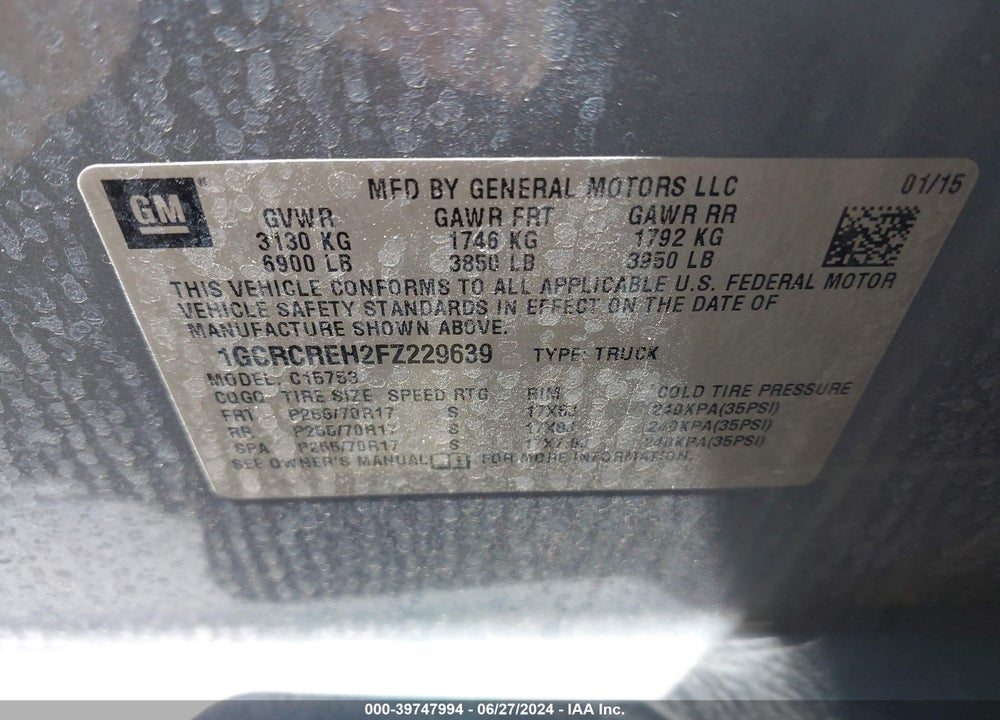 2015 CHEVROLET SILVERADO 1500 1LT VIN: 1GCRCREH2FZ229639