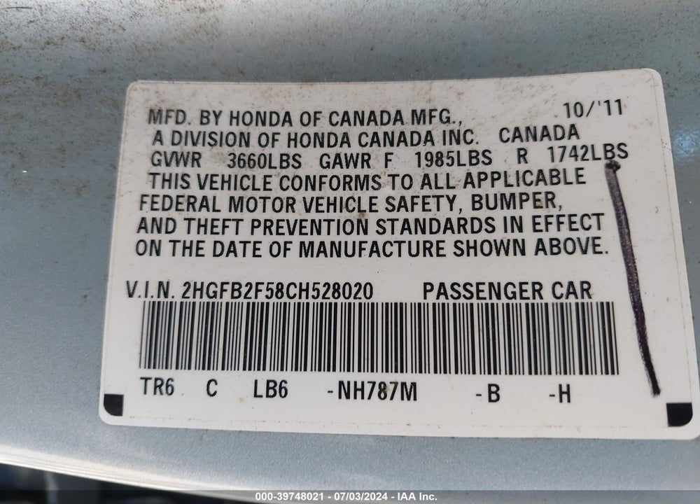2012 HONDA CIVIC LX VIN: 2HGFB2F58CH528020