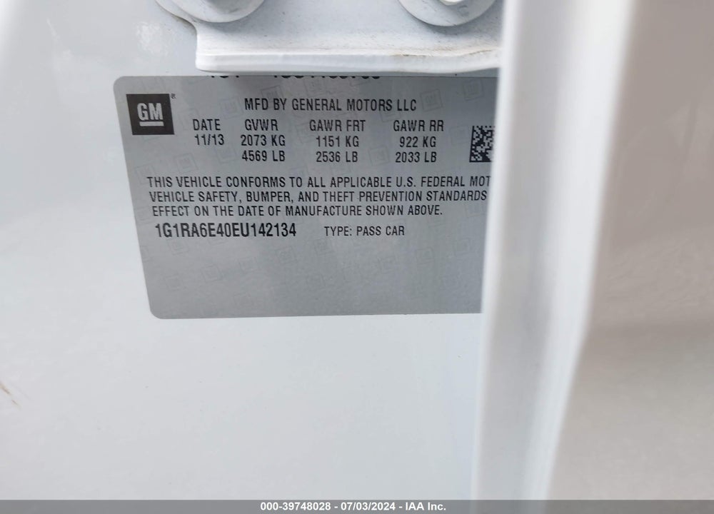 2014 CHEVROLET VOLT VIN: 1G1RA6E40EU142134