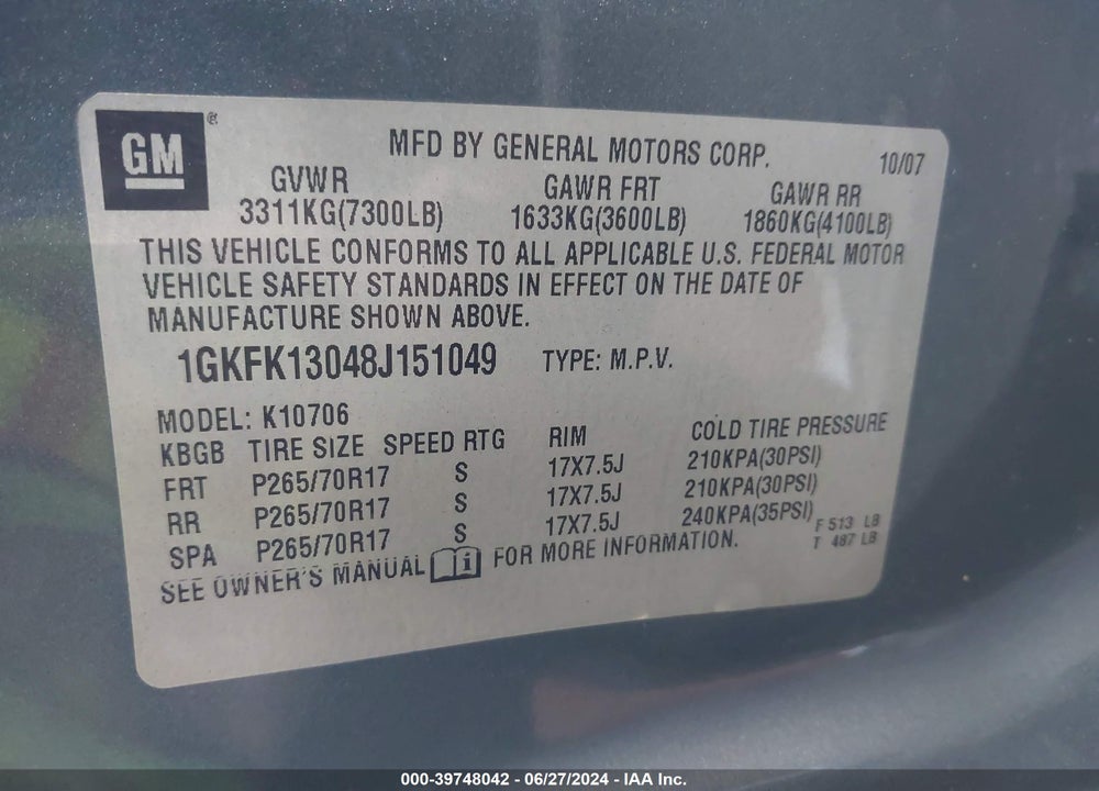 2008 GMC YUKON SLT VIN: 1GKFK13048J151049
