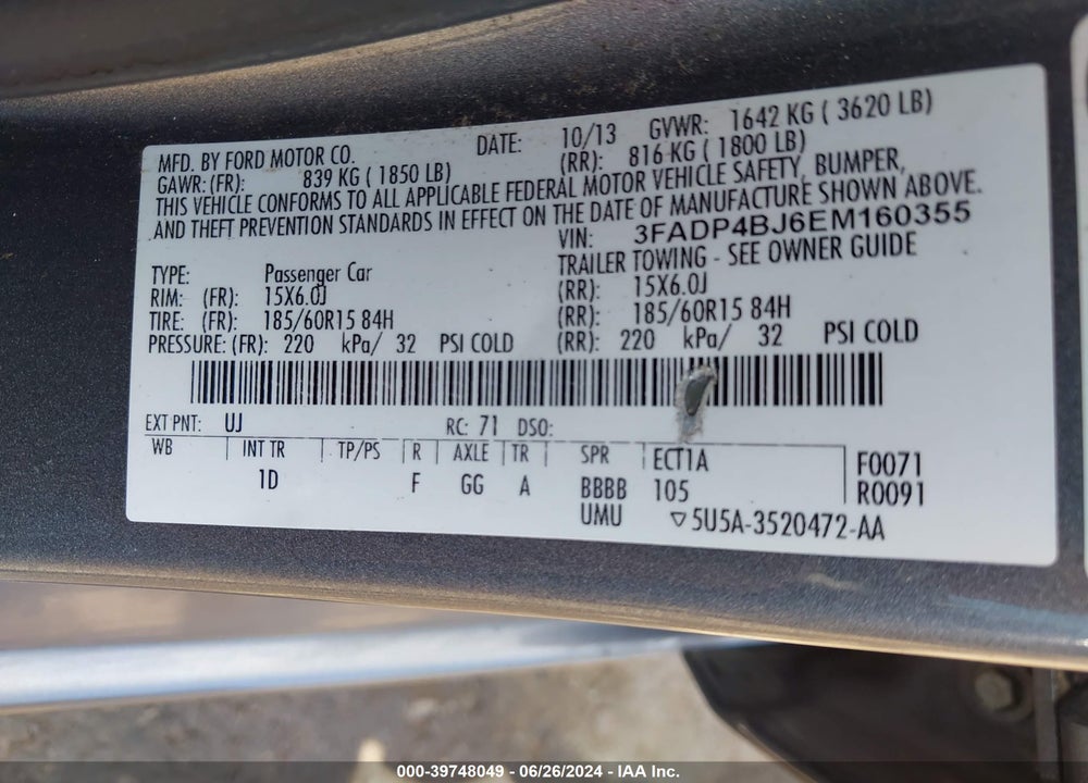 2014 FORD FIESTA SE VIN: 3FADP4BJ6EM160355