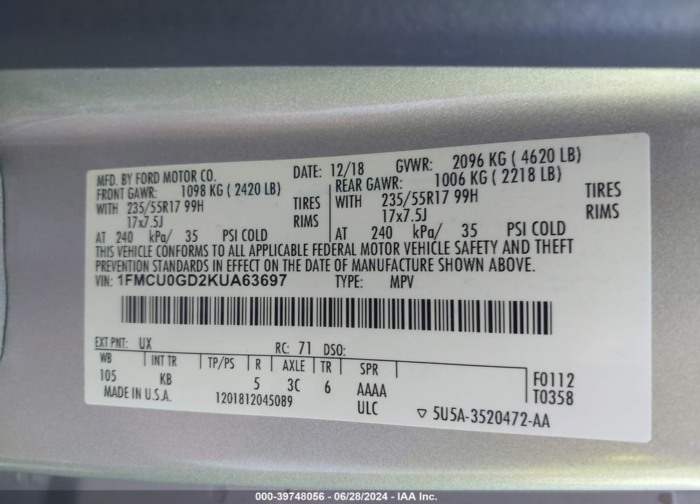 2019 FORD ESCAPE SE VIN: 1FMCU0GD2KUA63697