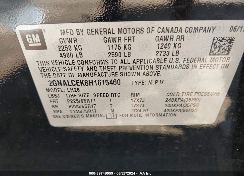 2017 CHEVROLET EQUINOX LT VIN: 2GNALCEK8H1615460