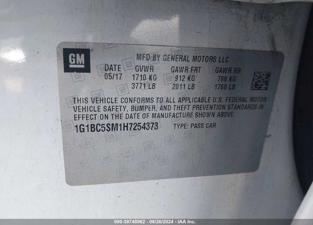 2017 CHEVROLET CRUZE LS AUTO VIN: 1G1BC5SM1H7254373