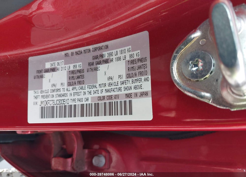 2018 MAZDA CX-3 TOURING VIN: JM1DKFC78J0300510