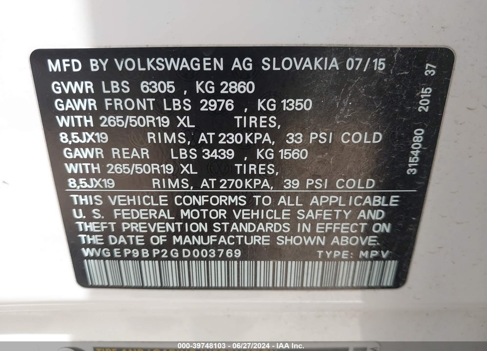 2016 VOLKSWAGEN TOUAREG TDI LUX VIN: WVGEP9BP2GD003769