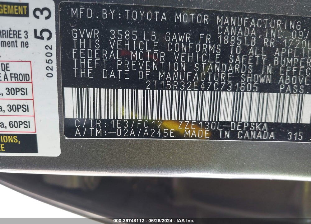 2007 TOYOTA COROLLA S VIN: 2T1BR32E47C731605