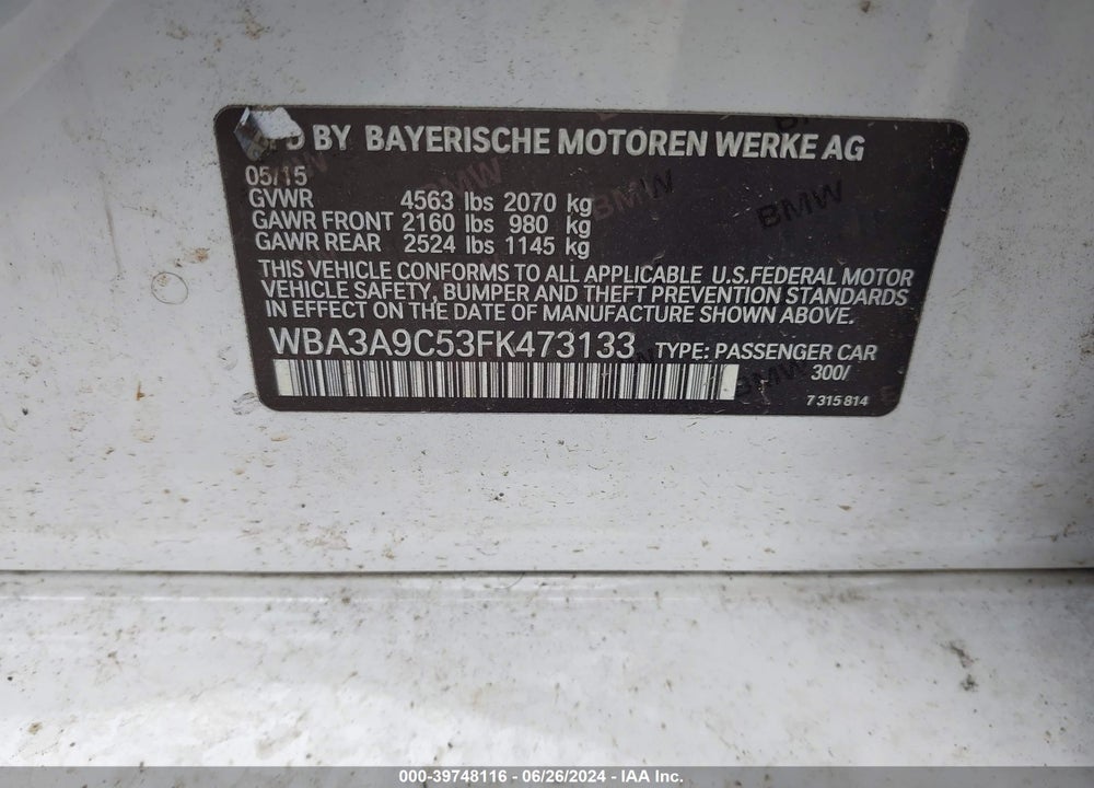 2015 BMW 335I VIN: WBA3A9C53FK473133