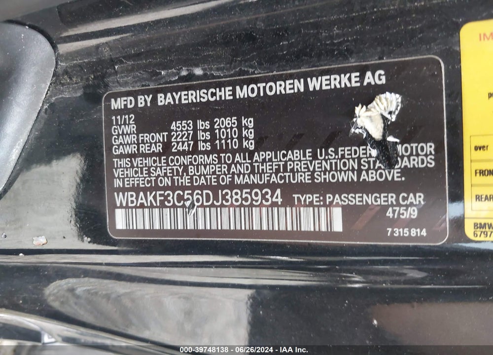2013 BMW 328I XDRIVE VIN: WBAKF3C56DJ385934