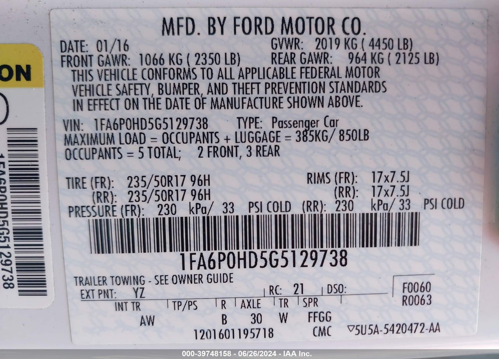 2016 FORD FUSION SE VIN: 1FA6P0HD5G5129738