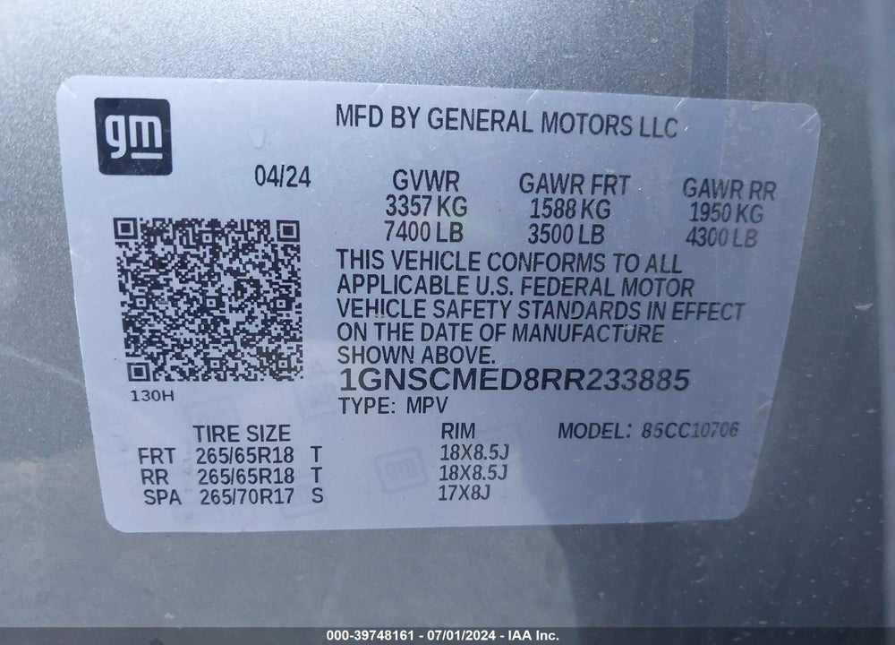 2024 CHEVROLET TAHOE 2WD LS VIN: 1GNSCMED8RR233885