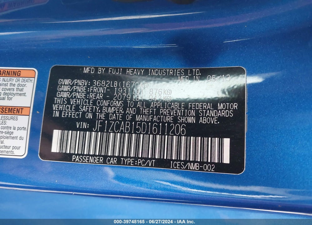 2013 SUBARU BRZ PREMIUM VIN: JF1ZCAB15D1611206