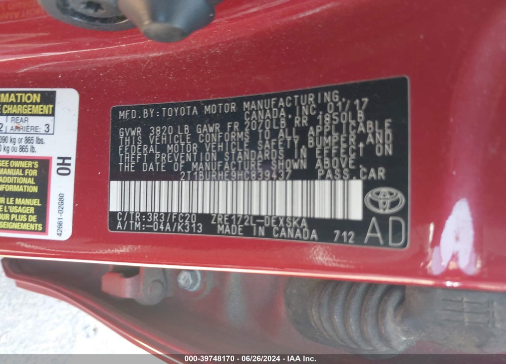 2017 TOYOTA COROLLA SE VIN: 2T1BURHE9HC839437