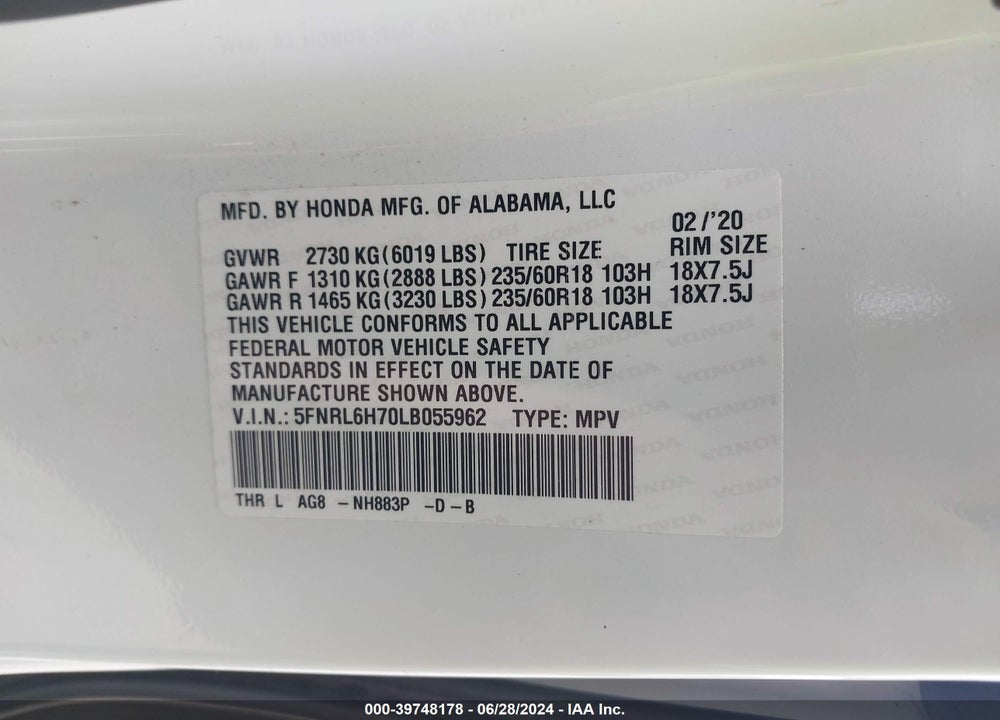 2020 HONDA ODYSSEY EX-L/EX-L W/NAVI RES VIN: 5FNRL6H70LB055962