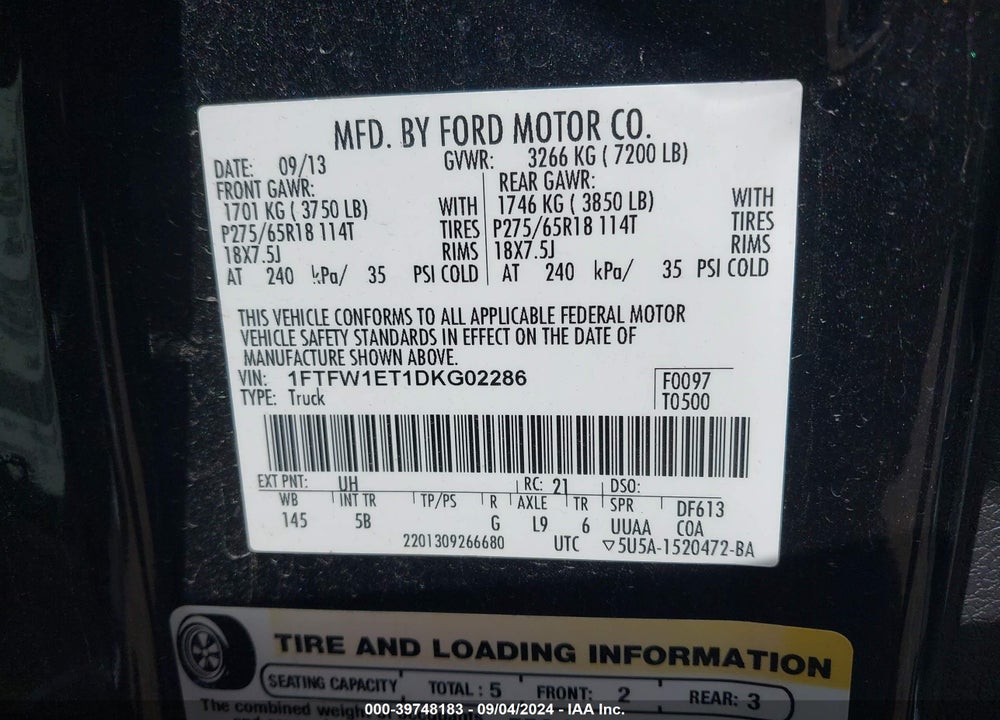 2013 FORD F-150 FX4 VIN: 1FTFW1ET1DKG02286