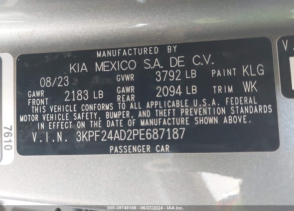 2023 KIA FORTE LXS VIN: 3KPF24AD2PE687187