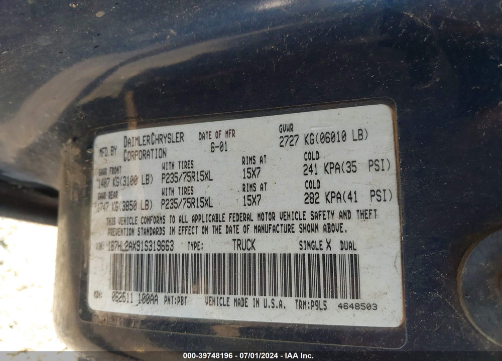 2001 DODGE DAKOTA SLT/SPORT VIN: 1B7HL2AX91S319663