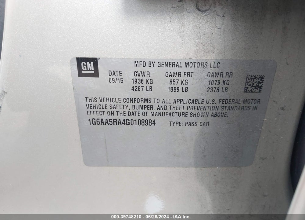 2016 CADILLAC ATS STANDARD VIN: 1G6AA5RA4G0108984