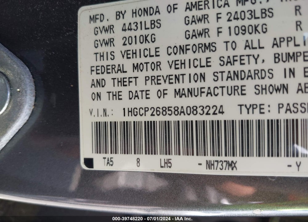 2008 HONDA ACCORD 2.4 EX-L VIN: 1HGCP26858A083224