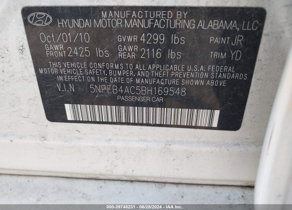 2011 HYUNDAI SONATA GLS VIN: 5NPEB4AC5BH169548