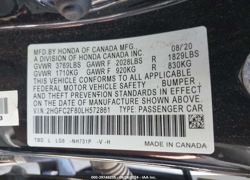 2020 HONDA CIVIC SPORT VIN: 2HGFC2F80LH572861