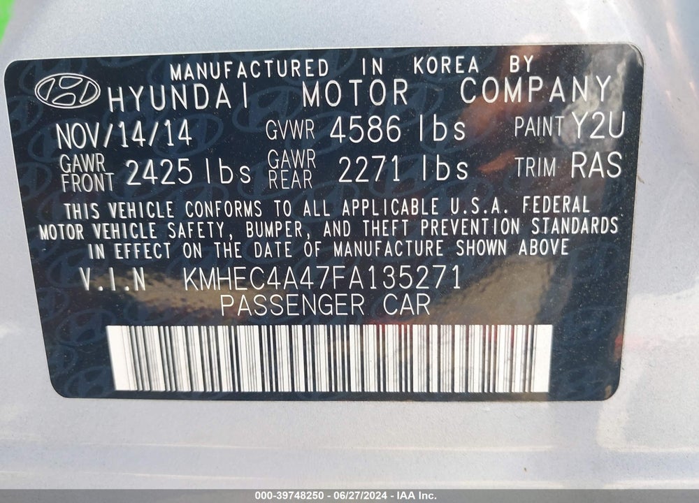 2015 HYUNDAI SONATA HYBRID VIN: KMHEC4A47FA135271