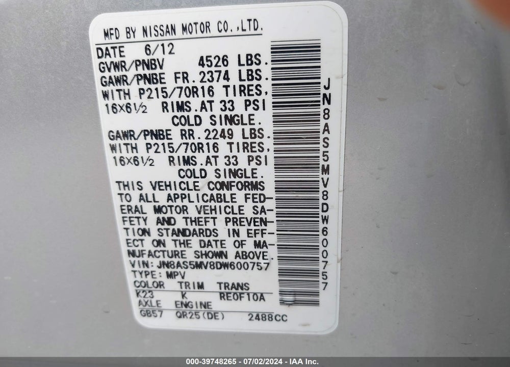 2013 NISSAN ROGUE S VIN: JN8AS5MV8DW600757