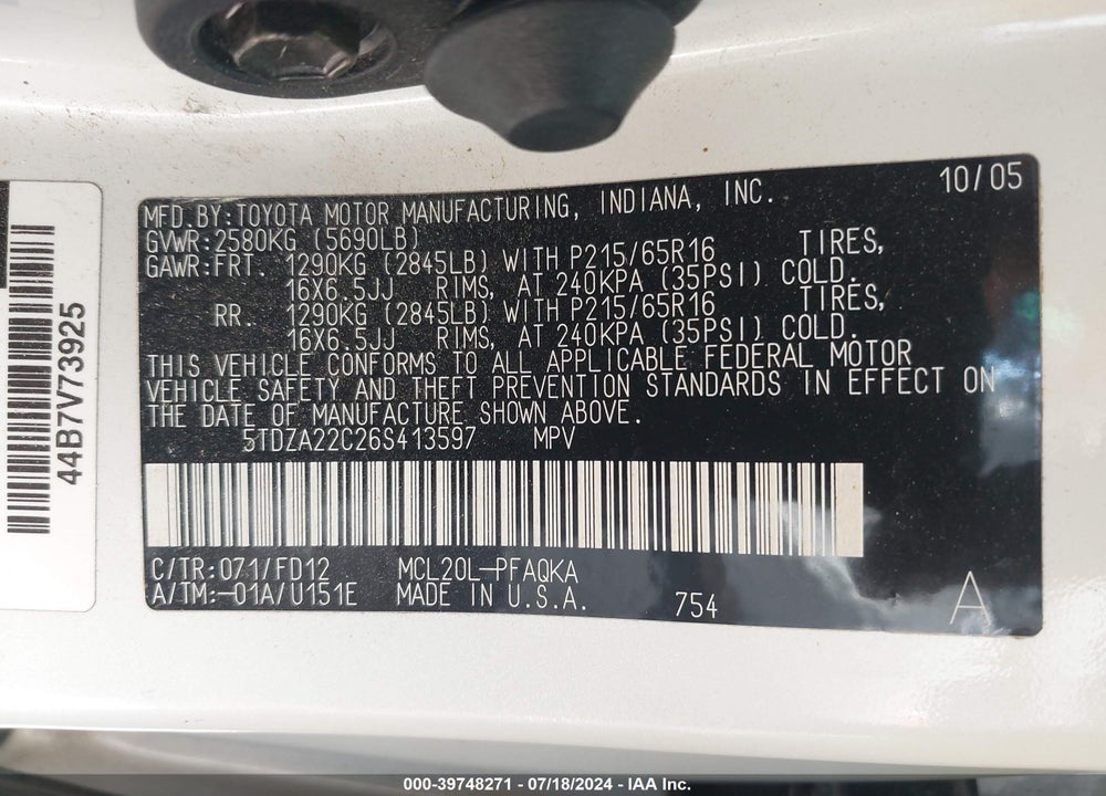 2006 TOYOTA SIENNA XLE VIN: 5TDZA22C26S413597