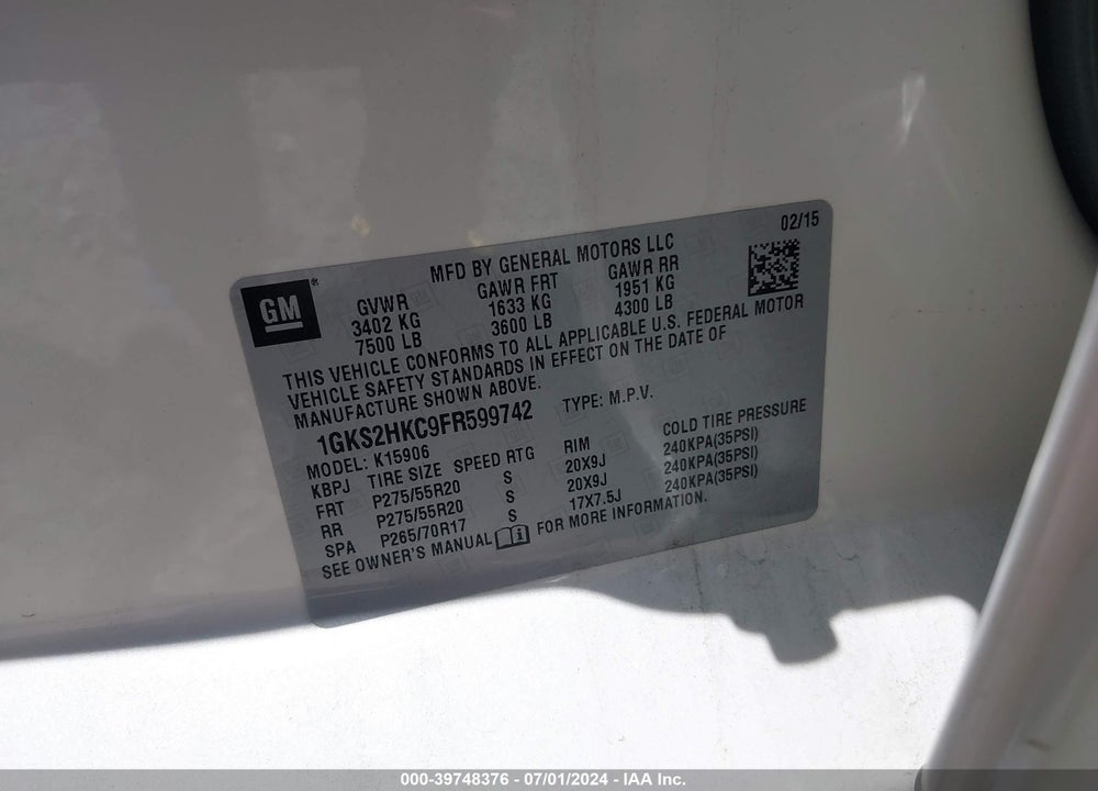 2015 GMC YUKON XL 1500 SLT VIN: 1GKS2HKC9FR599742