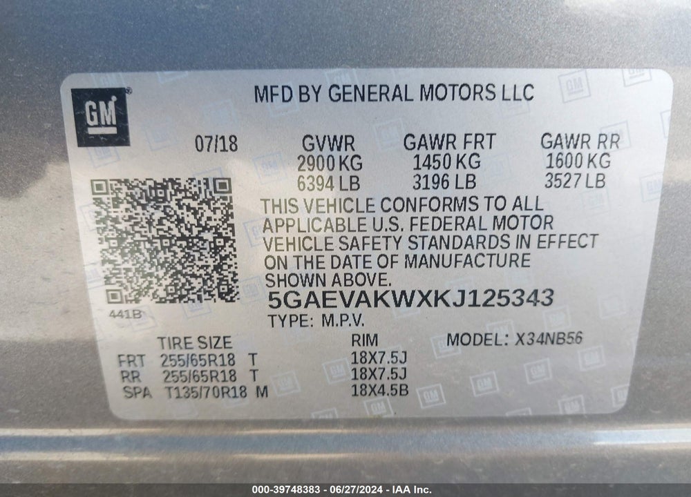 2019 BUICK ENCLAVE AWD ESSENCE VIN: 5GAEVAKWXKJ125343