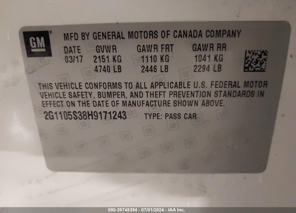 2017 CHEVROLET IMPALA 1LT VIN: 2G1105S38H9171243