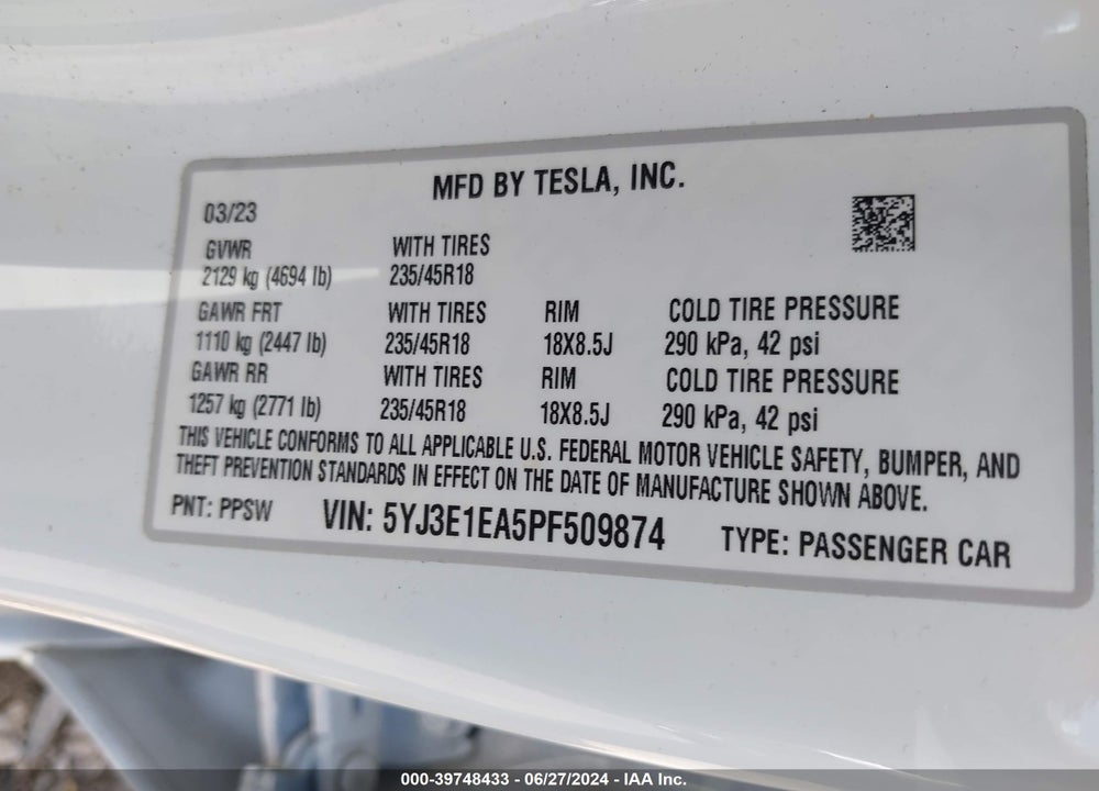 2023 TESLA MODEL 3 VIN: 5YJ3E1EA5PF509874