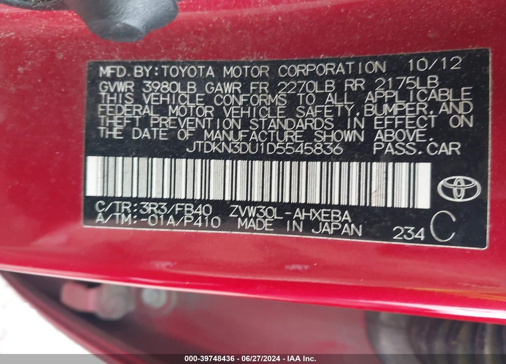 2013 TOYOTA PRIUS TWO VIN: JTDKN3DU1D5545836