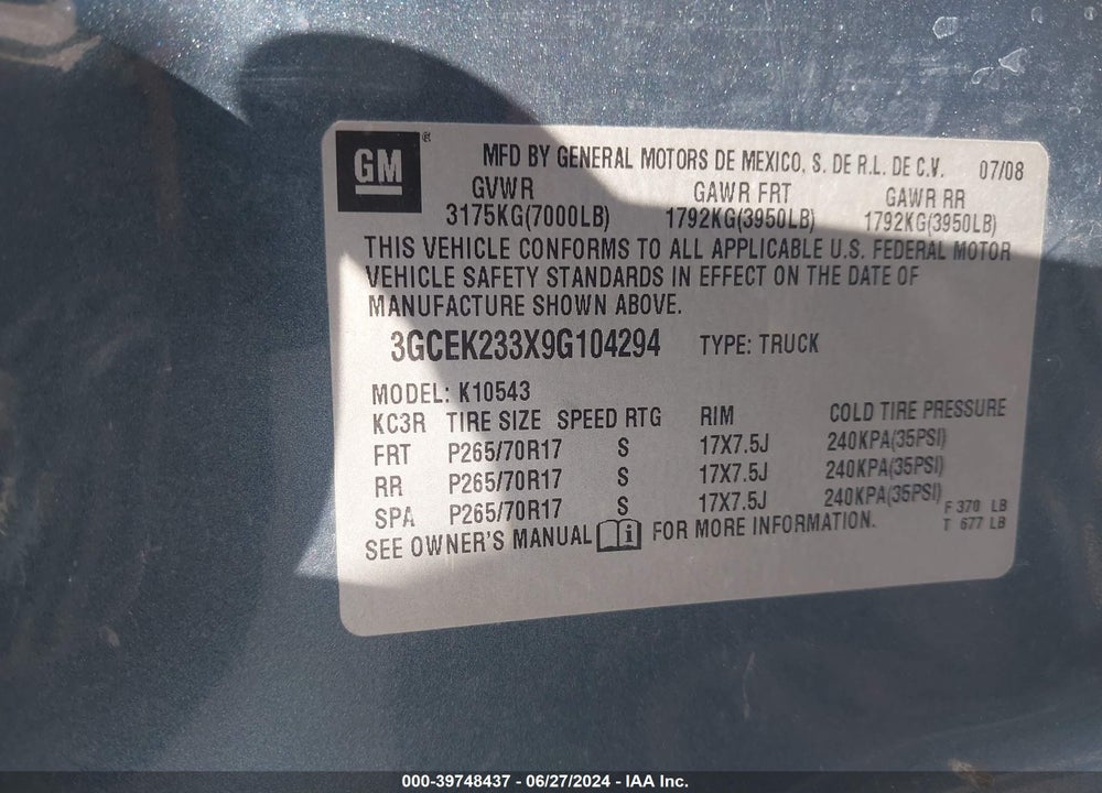 2009 CHEVROLET SILVERADO 1500 LT VIN: 3GCEK233X9G104294