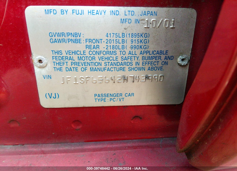 2002 SUBARU FORESTER VIN: JF1SF65642H743990