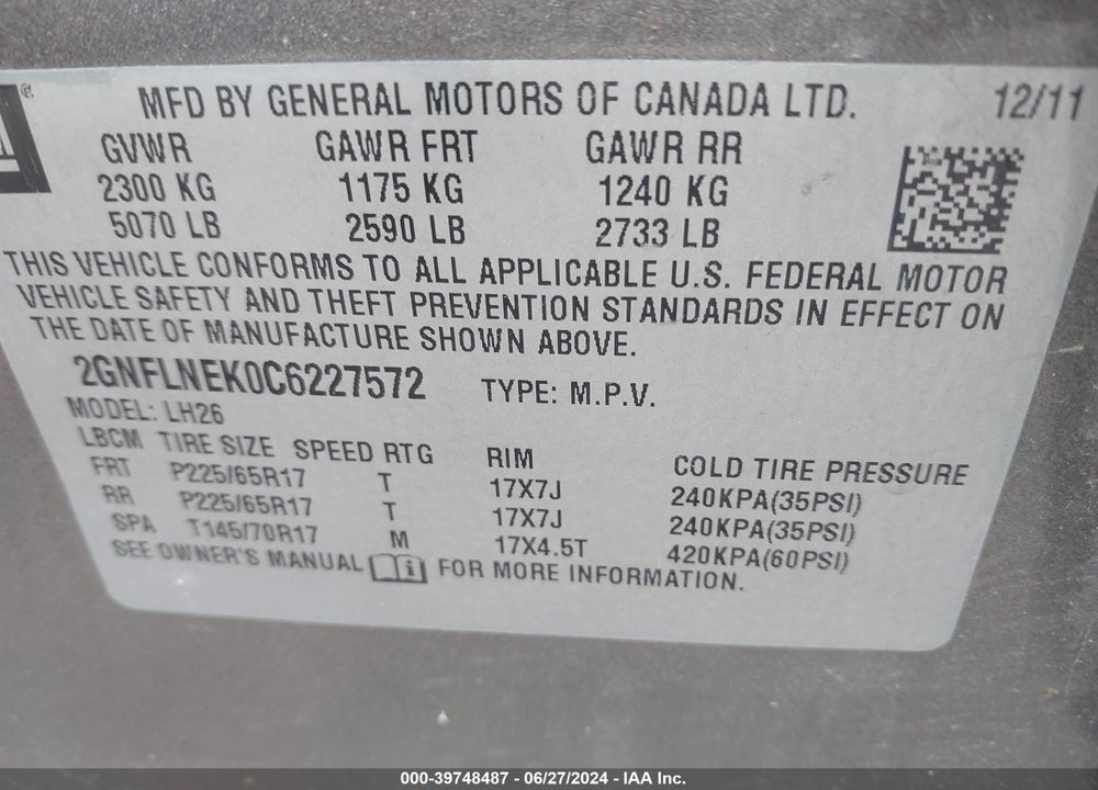 2012 CHEVROLET EQUINOX 2LT VIN: 2GNFLNEK0C6227572