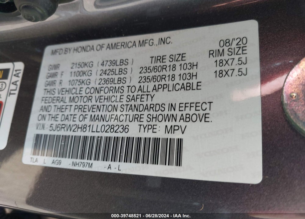 2020 HONDA CR-V AWD EX-L VIN: 5J6RW2H81LL028236