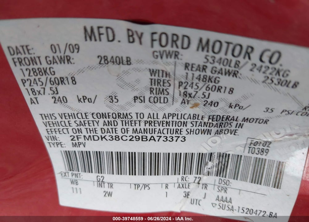 2009 FORD EDGE SEL VIN: 2FMDK38C29BA73373