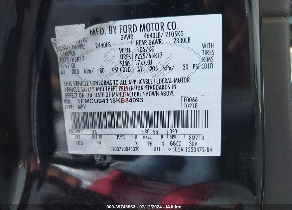 2008 FORD ESCAPE LIMITED VIN: 1FMCU94118KB84093
